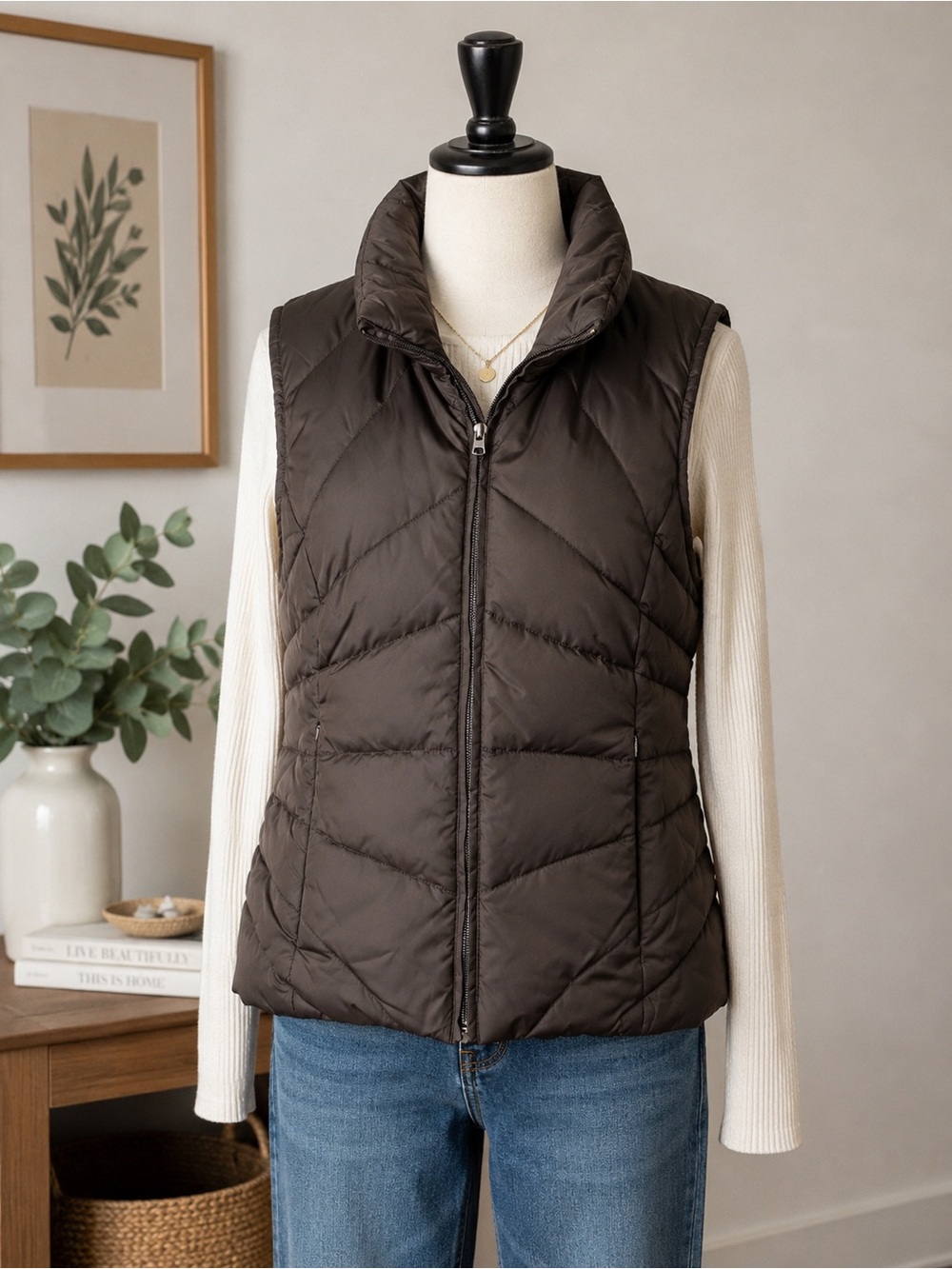 Kenneth Cole Reaction Puffer Vest Brown Green Lined Zip Front Size Medium